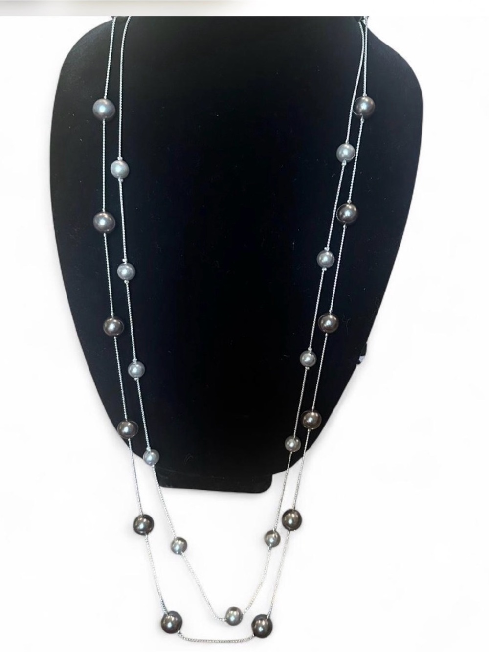 Silver Multi-Strand Grey Pearl Station Necklace